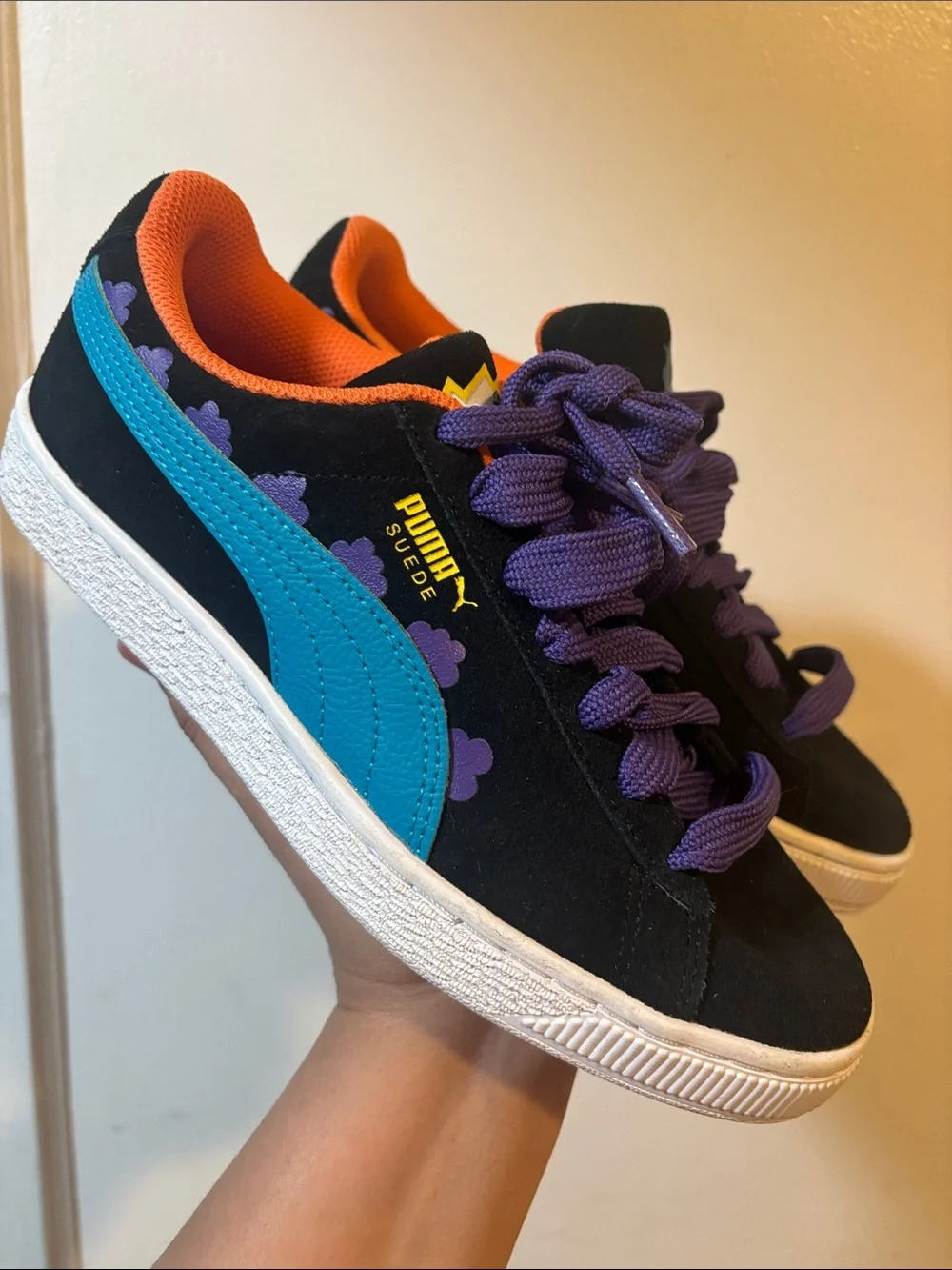 Puma Kids Black Sneakers with Purple Laces and Orange Interior Trim